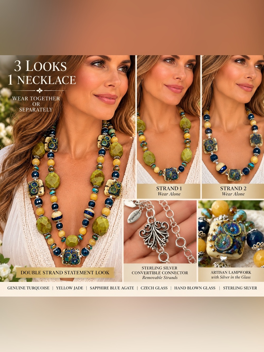 3-in-1 Convertible Artisan Handknotted Lampwork Turquoise Jade Sterling Necklace